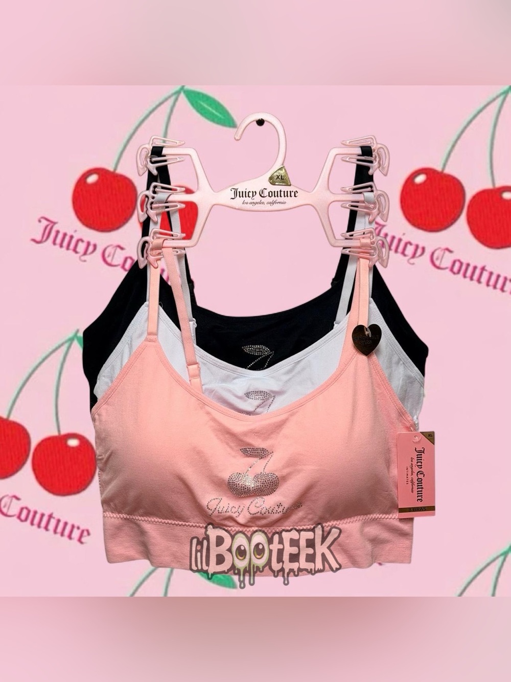 Juicy Couture 3 Pack Sports Bras Pink Black White XL Rhinestone Cherry Logo Y2K